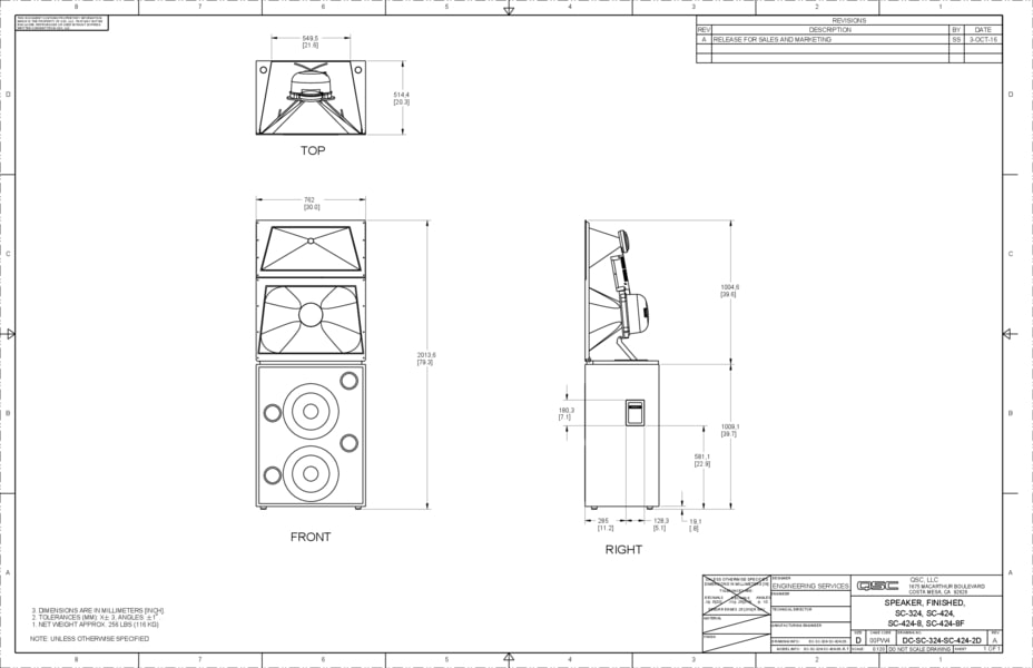 2D Drawing of the DCS-SC-324, 424, 424-8 and 424-8f Loudspeaker