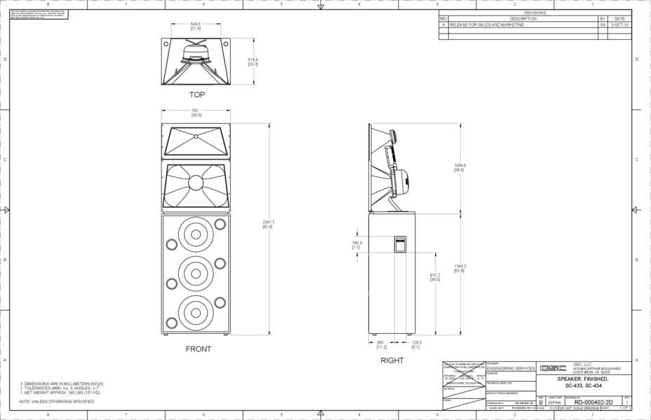 2D Drawing of the DCS-SC-433C and SC-434 Loudspeaker