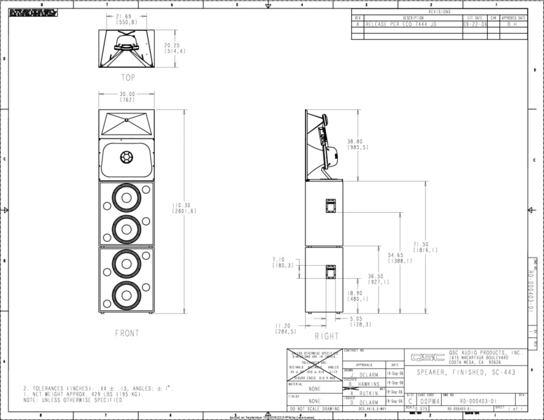 2D Drawing of the DCS-SC-443C and SC-444 Loudspeaker