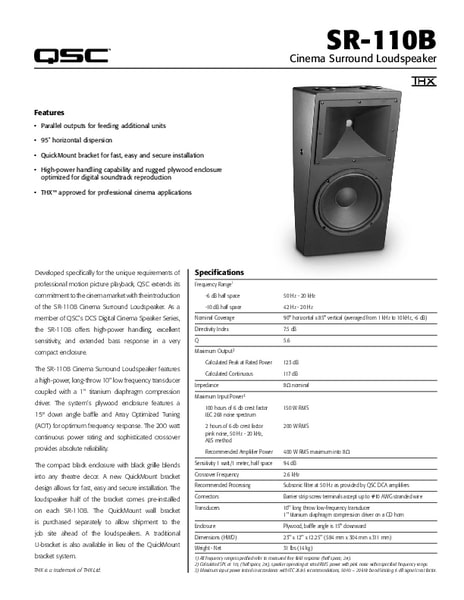 Specification sheet for DCS SR-110B passive cinema speakers