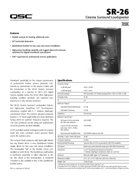 Specification sheet for DCS SR-26 passive cinema speakers