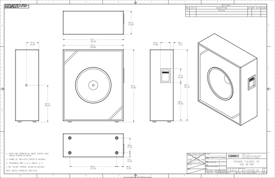 2D Drawing of the SB1180 Subwoofer Loudspeakers