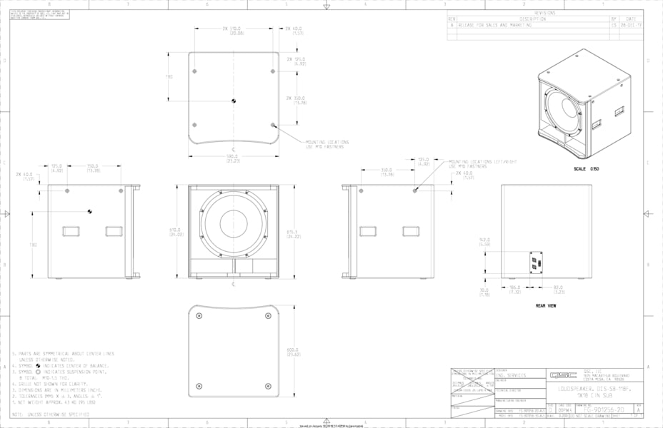 2D Drawing of the SB-118f Subwoofer Loudspeaker