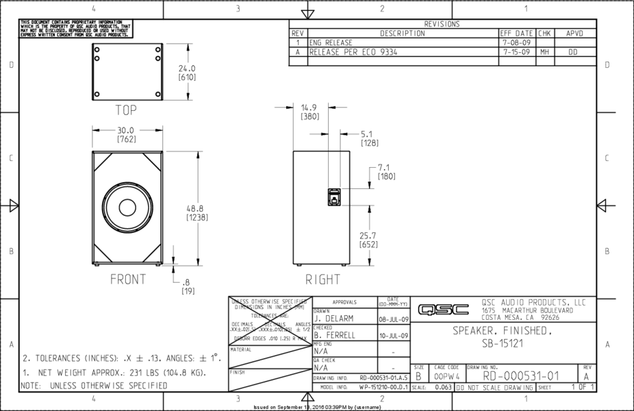 2D Drawing of the SB15121 Subwoofer Loudspeaker