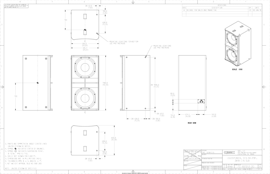 2D Drawing of the SB-218f Subwoofer Loudspeaker