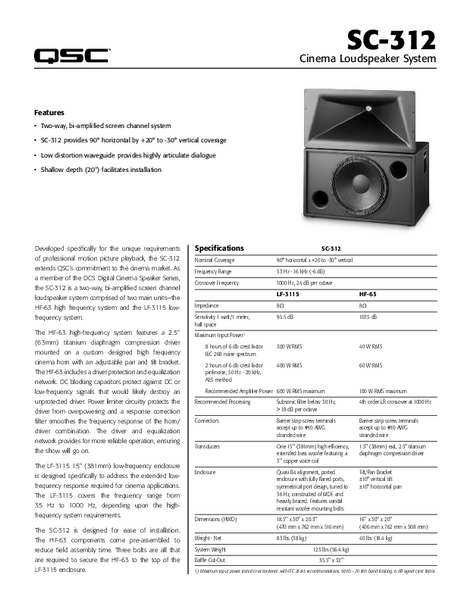 Specifications Sheet for the SC-312 Cinema Loudspeaker