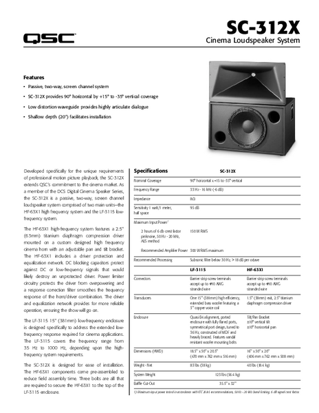 Specifications Sheet for the SC-312X Cinema Loudspeaker