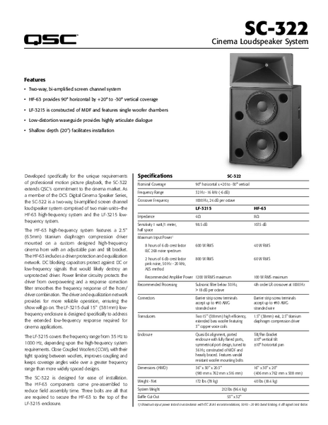 Specifications Sheet for the SC-322 Cinema Loudspeaker