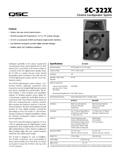 Specifications Sheet for the SC-322X Cinema Loudspeaker