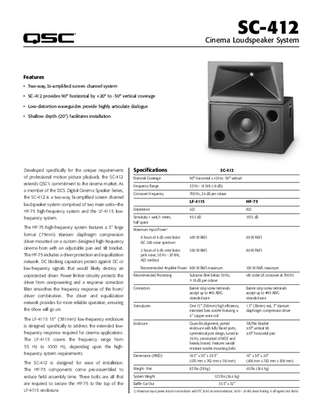 Specifications Sheet for the SC-412 Cinema Loudspeaker