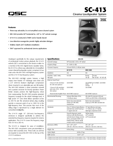 Specifications Sheet for the SC-413 Cinema Loudspeaker