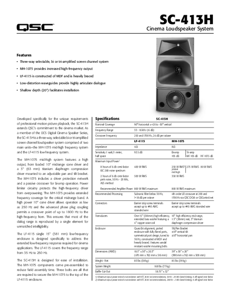 Specifications Sheet for the SC-413H Cinema Loudspeaker