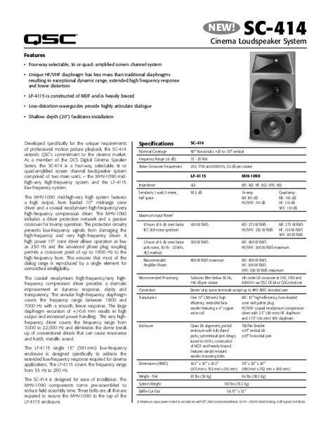 Specifications Sheet for the SC-414 Cinema Loudspeaker