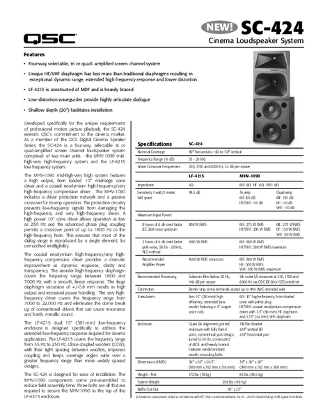 Specifications Sheet for the SC-424 Cinema Loudspeaker