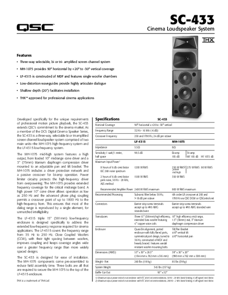 Specifications Sheet for the SC-433 Cinema Loudspeaker