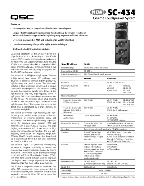 Specifications Sheet for the SC-434 Cinema Loudspeaker