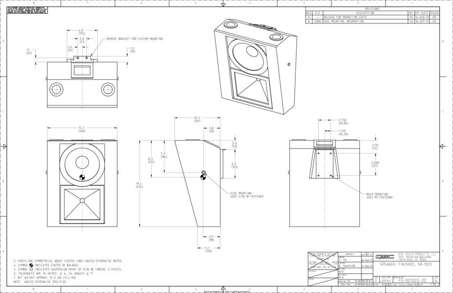 2D Drawing of the SR-1020 Loudspeaker
