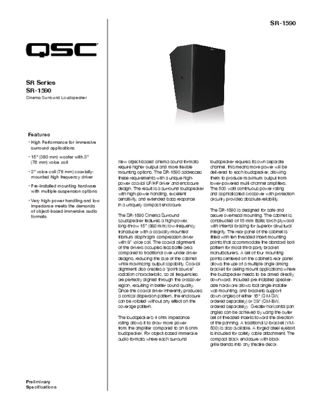 Specifications Sheet for the SR-1590 Loudspeaker