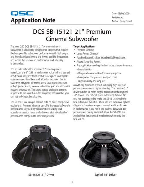 Application Note for the DCS Series SB-15121 21″ Premium Cinema Subwoofer