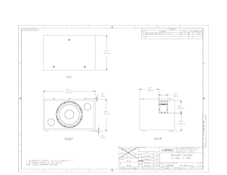 2D Drawing of the LF3115 LF4115 Loudspeakers