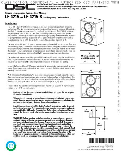 User Manual LF-4215 and LF-4215-8 Cinema Loudspeaker System