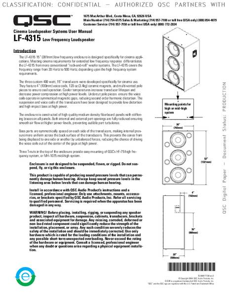 User Manual DCS LF-4315 Low Frequency Loudspeaker