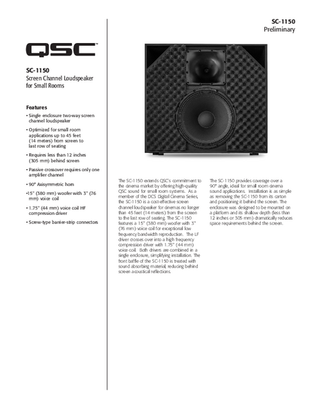Specifications Sheet for the DCS-SC-1150 Loudspeaker
