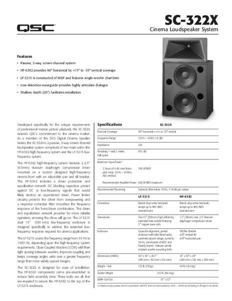 Specifications Sheet for the DCS-SC-322X Loudspeaker