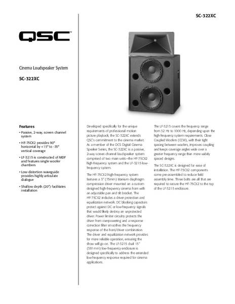 Specifications Sheet for the DCS-SC-322XC Loudspeaker System