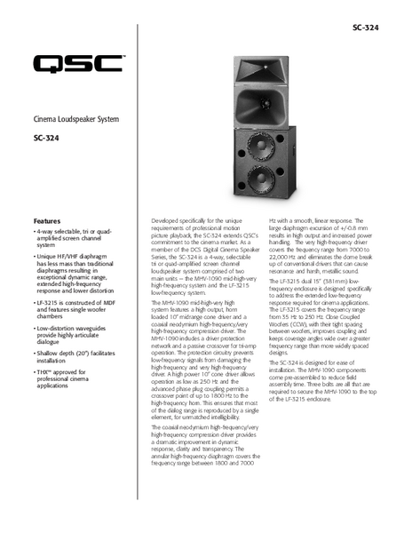 Specifications Sheet for the DCS-SC-324 Loudspeaker System