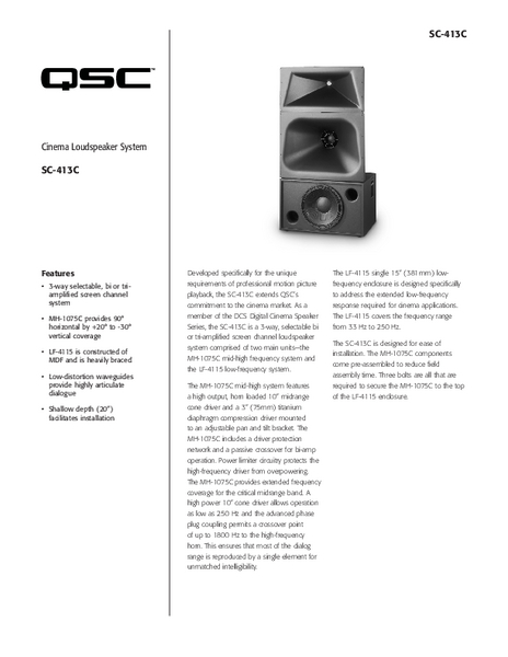 Specifications Sheet for the DCS-SC-413C Loudspeaker