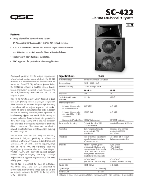 Specifications Sheet for the DCS-SC-422 Loudspeaker