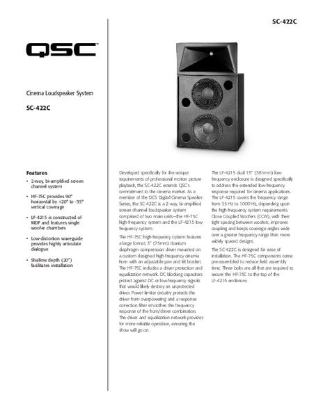 Specifications Sheet for the DCS-SC-422C Loudspeaker