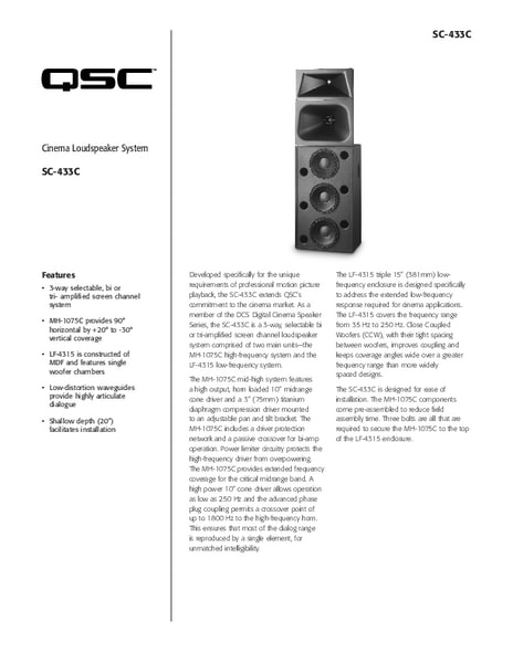 Specifications Sheet for the DCS-SC-433 Loudspeaker