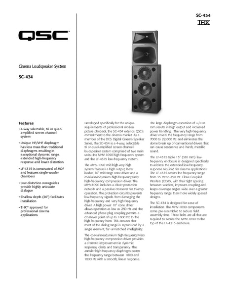 Specifications Sheet for the DCS-SC-434 Loudspeaker