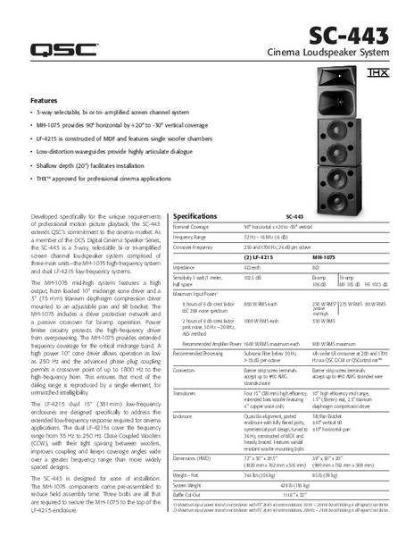 Specifications Sheet for the DCS-SC-443 Loudspeaker