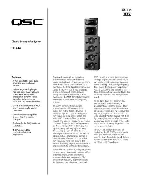 Specifications Sheet for the DCS-SC-444 Loudspeaker
