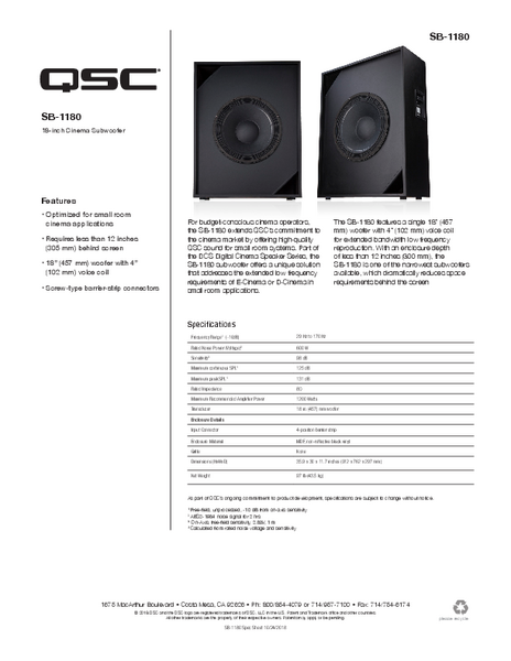 Specifications Sheet for the SB-1180 Subwoofer