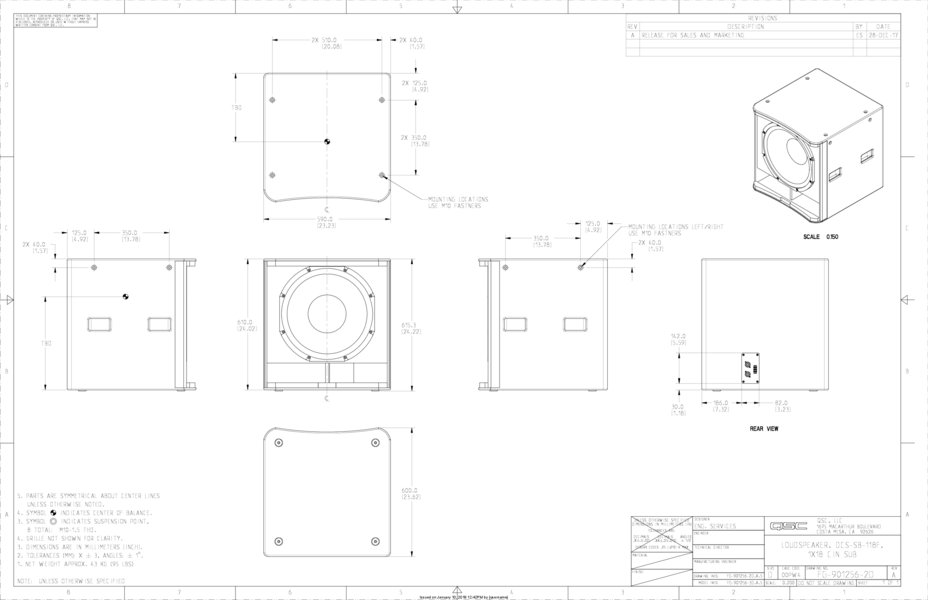 2D Drawing of the SB-118f Subwoofer Loudspeaker