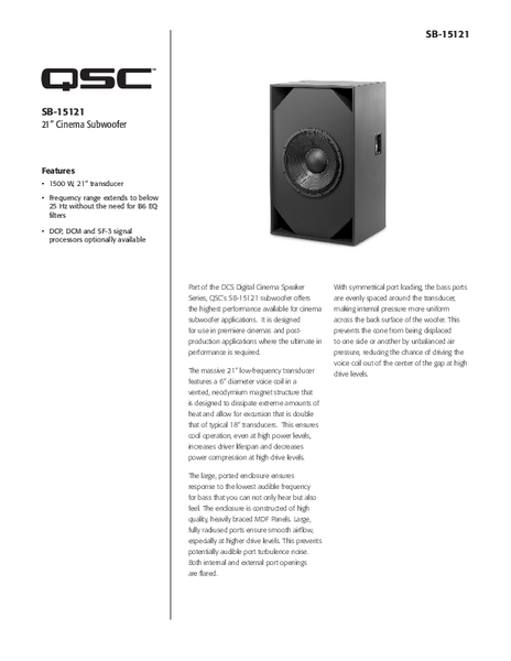 Specifications Sheet for the SB-15121 Cinema Subwoofer Loudspeakers