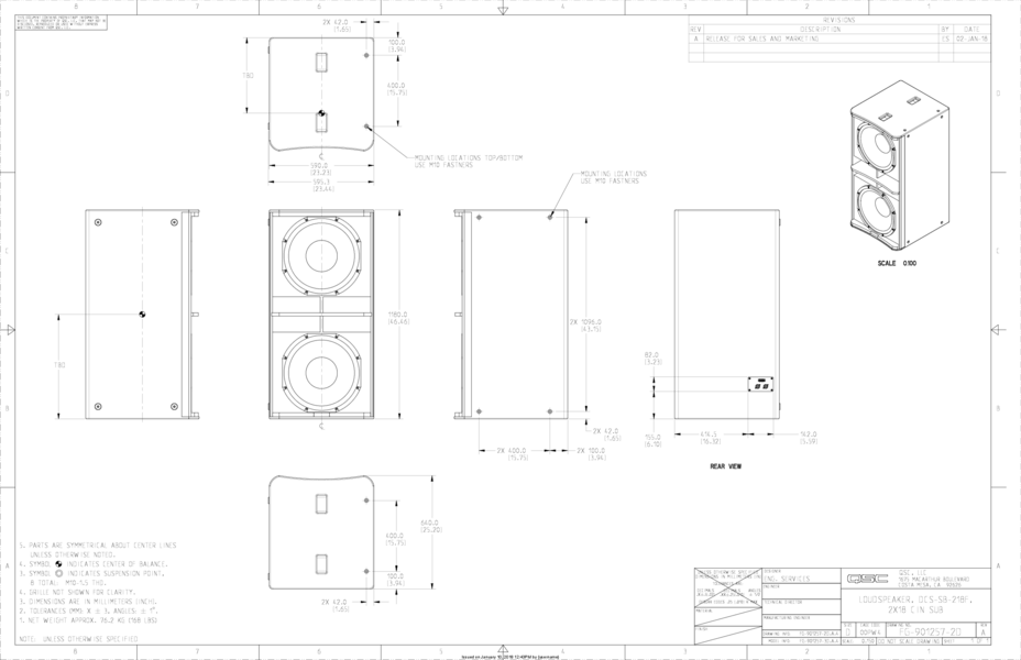 2D Drawing of the SB-218f Subwoofer Loudspeaker
