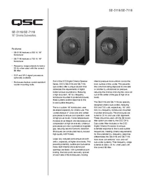 Specifications Sheet for the SB-5218/SB-7218 Subwoofer Loudspeakers