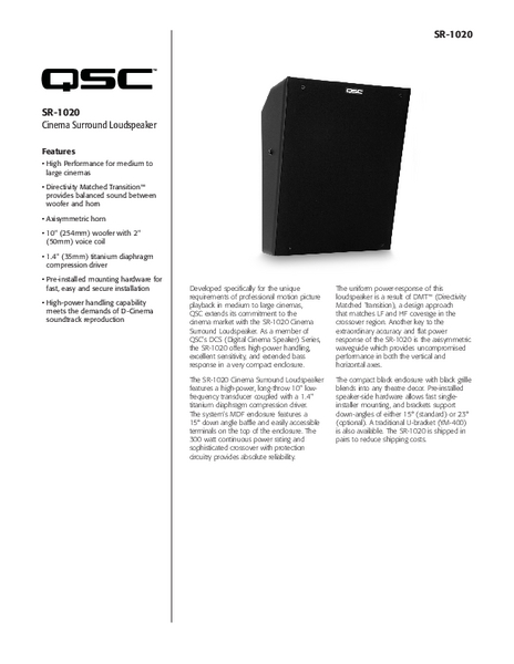 Specifications Sheet for the SR-1020 Loudspeaker