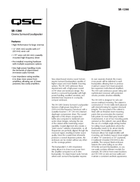 Specifications Sheet for the SR-1290 Loudspeaker