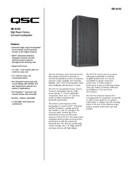 Specifications Sheet for the SR-5152 Loudspeaker