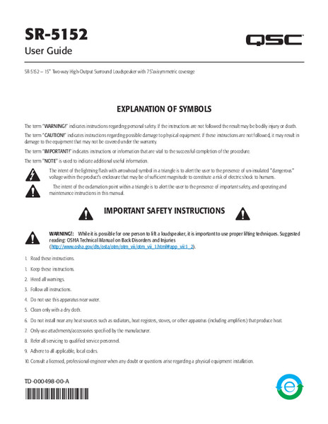 User manual for the SR-5152 Loudspeakers