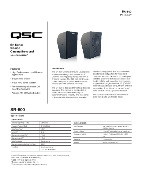 SR-800 Specifications Sheet