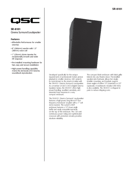 Specifications Sheet for the SR-8101 Loudspeaker