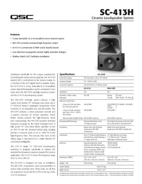 Specifications Sheet for the DCS-SC-413H Loudspeaker